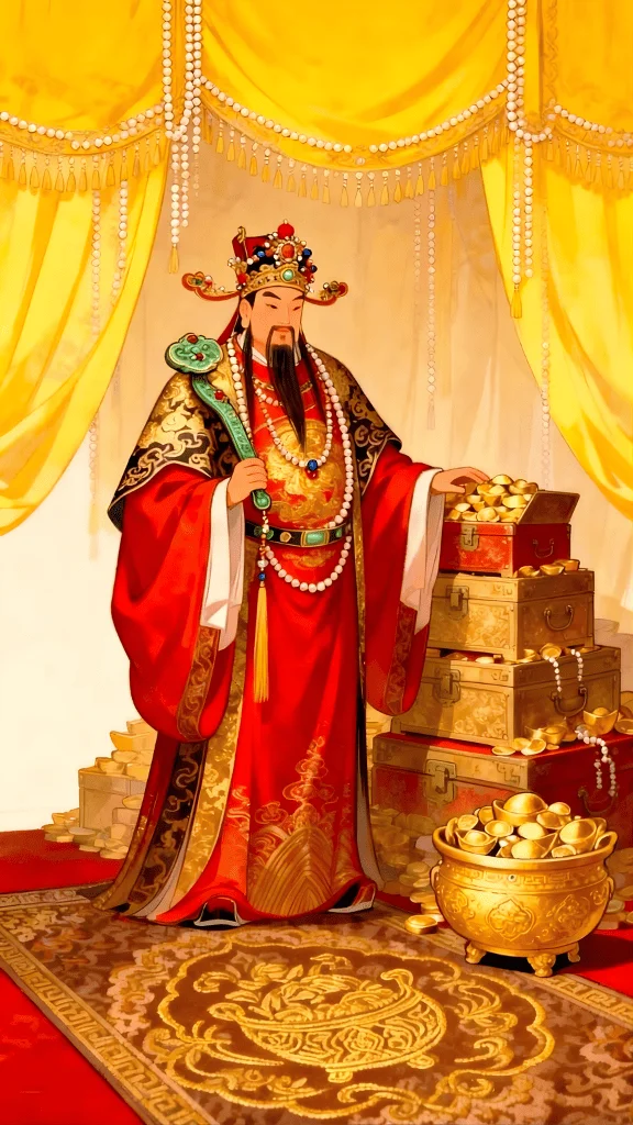 Hình nền ông Thần Tài cùng nhiều rượng đựng vàng