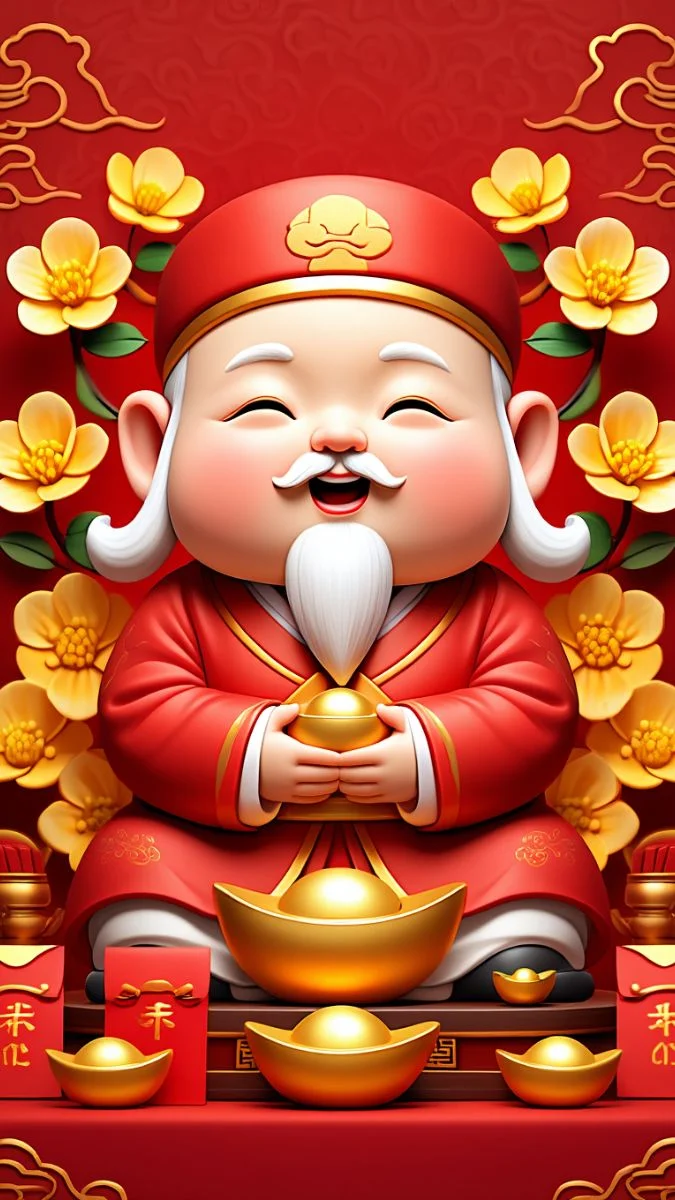 Hình nền Ông Thần Tài nền hoa mai