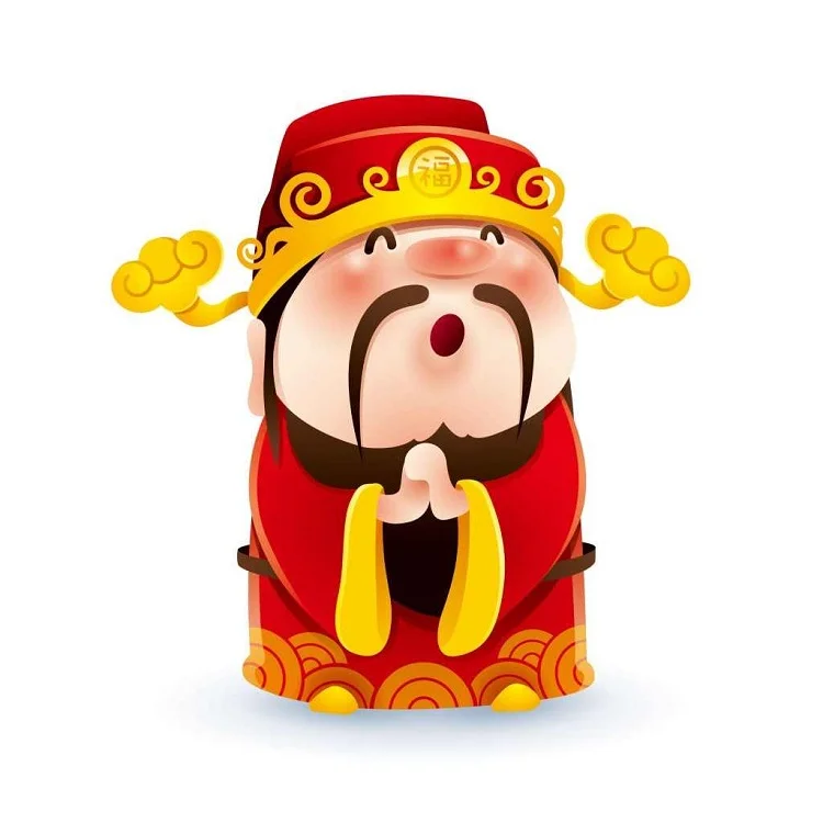 Tượng thần tài râu dài mặc áo đỏ vàng trên nền trắng