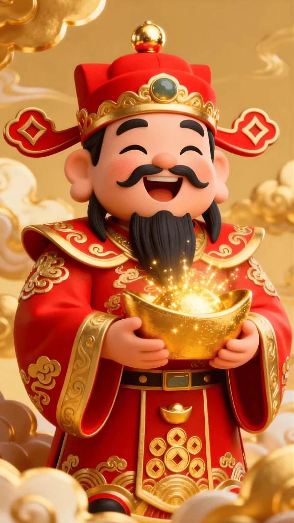 Hình nền vị Thần Tài cầm thỏi vàng cười rạng rỡ