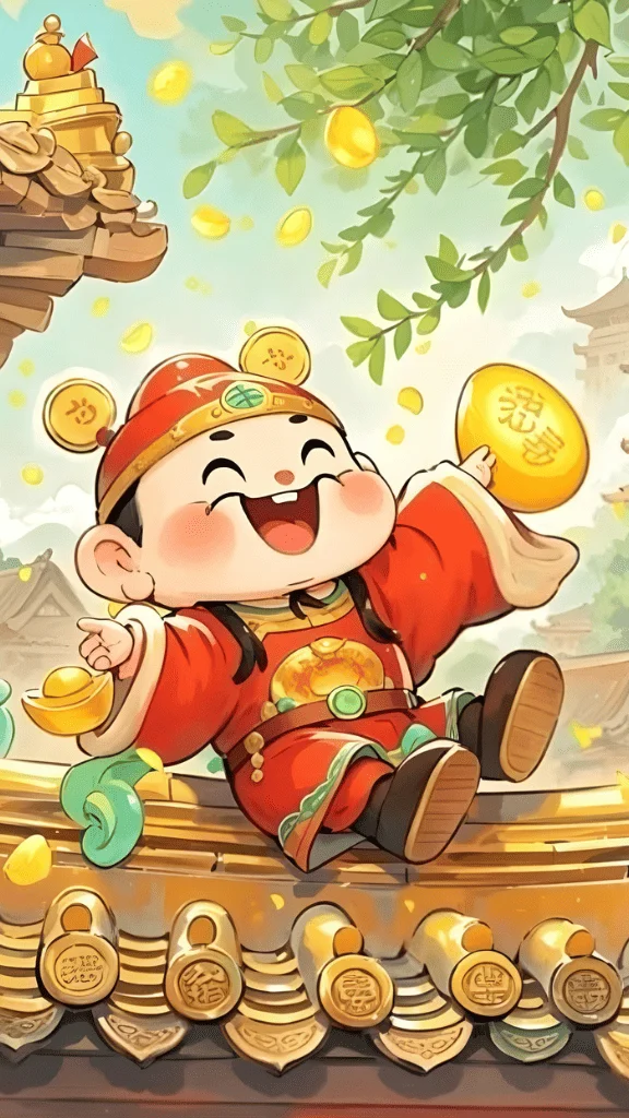 Hình nền chibi Thần Tài cầm thỏi vàng cười tươi rói