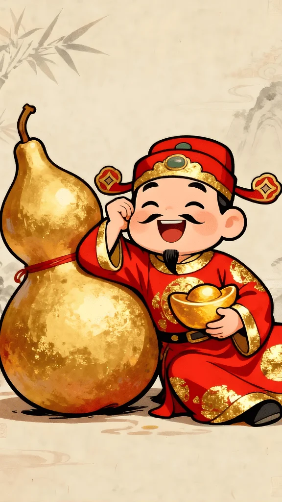 Hình nền ông Thần tài bên bình hồ lô vàng và thỏi vàng