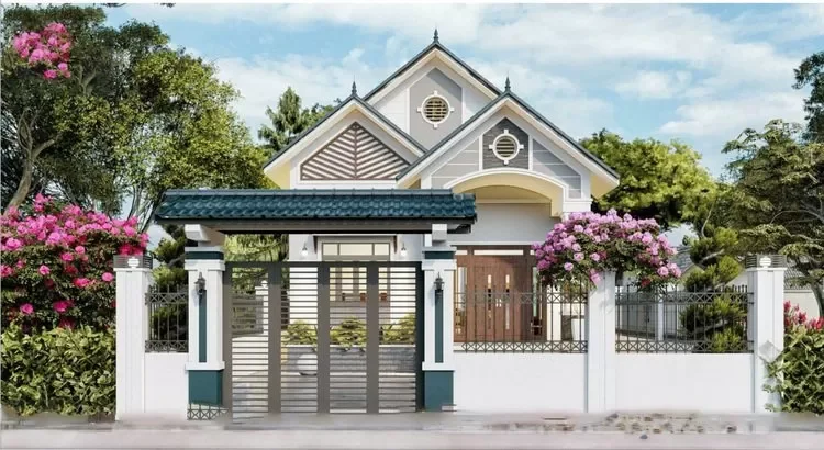 Nhà mái Thái cấp 4 có sân trước trồng cây xanh tạo không gian thoáng mát