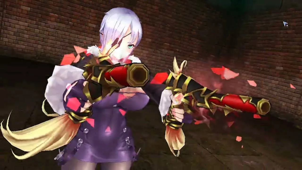 Nhân vật nữ game anime với kiểu tóc layer trắng, trang phục tím vàng và hai khẩu súng fantasy trong hành lang gạch tối