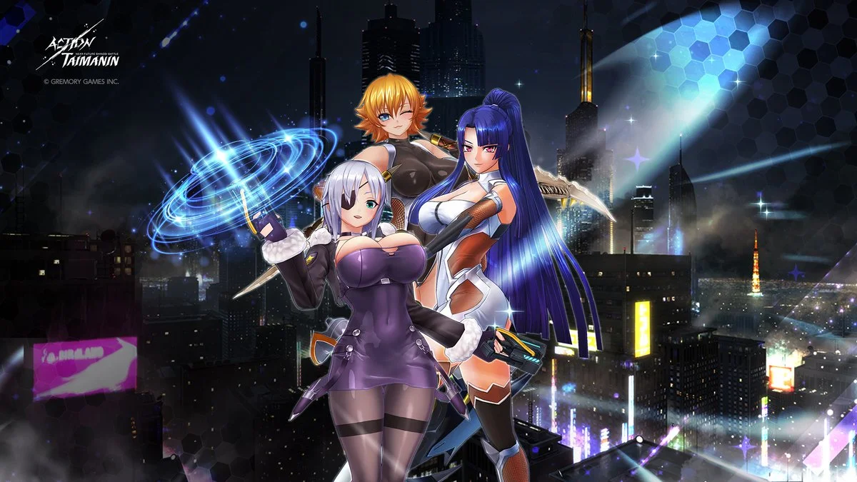 Minh họa ba cô gái anime với kiểu tóc layer và trang phục chiến đấu giữa thành phố cyberpunk phát sáng về đêm