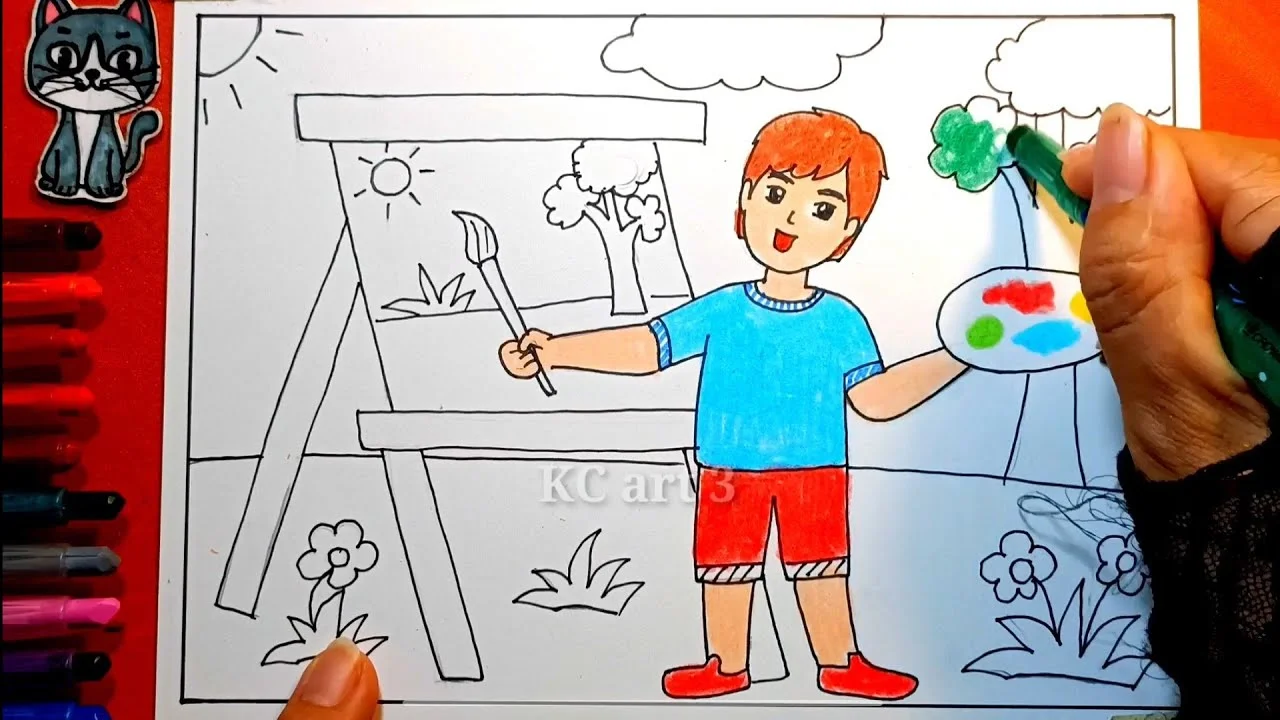Tranh vẽ nghề nghiệp tương lai với hình ảnh cậu bé làm họa sĩ sáng tạo