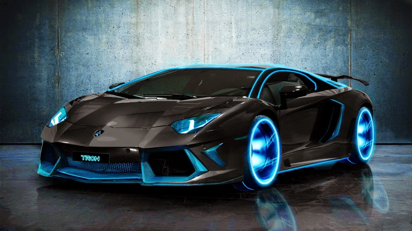 ảnh nền máy tính xe Lamborghini tối màu với đèn neon xanh