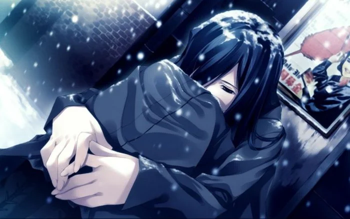 cô gái anime ôm mình buồn bã trong đêm