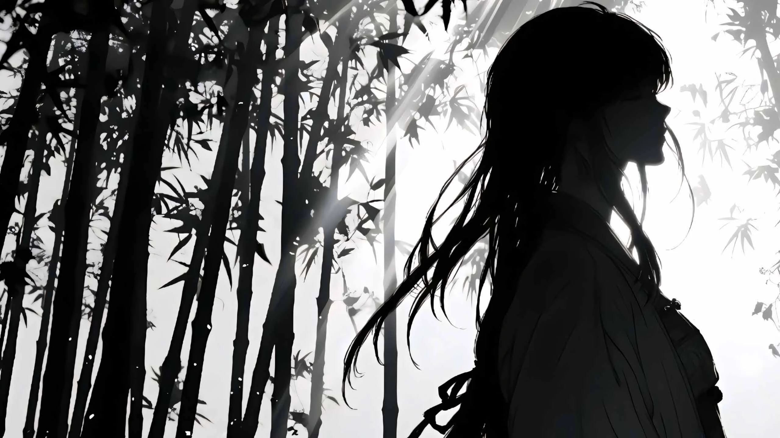 cô gái anime đứng trong rừng tre buồn