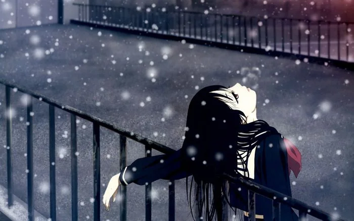 Cô gái anime ngước nhìn tuyết rơi làm hình nền đen buồn