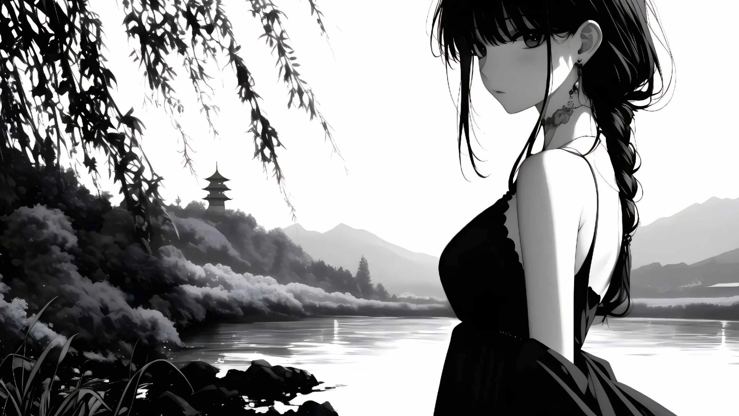 cô gái anime đứng bên hồ buồn bã