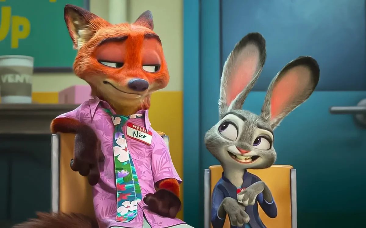Cáo Nick mặc áo sơ mi và thỏ Judy ngồi cạnh nhau
