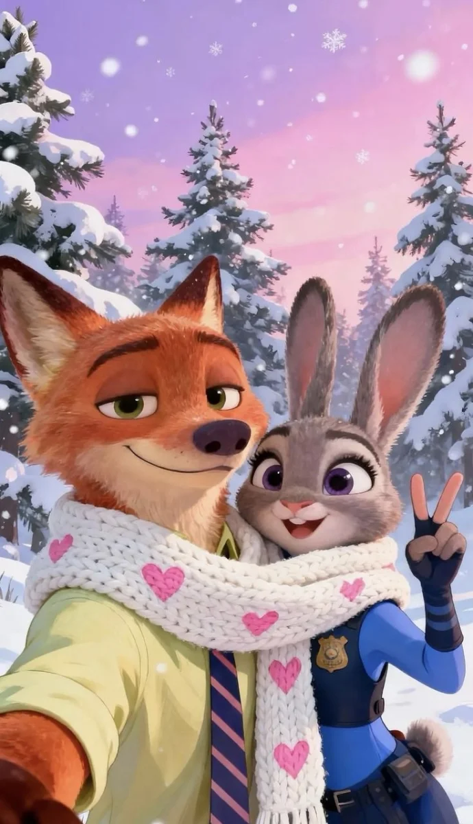 Cáo Nick và thỏ Judy chụp ảnh selfie trong mùa đông