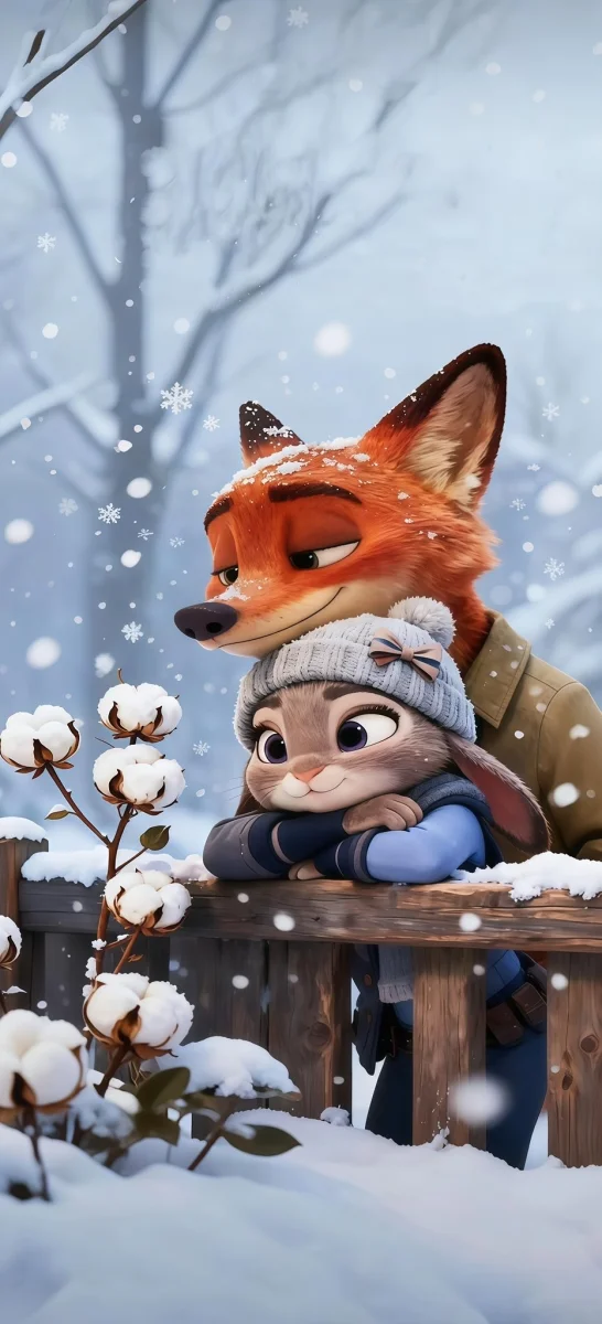 Cáo Nick và thỏ Judy tựa vào nhau trong mùa đông