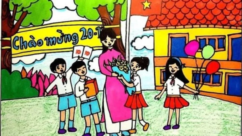 Vẽ tranh chủ đề học sinh tặng bông hoa điểm 10 cho giáo viên. (Nguồn Internet)