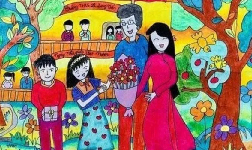 Tranh vẽ 20/11 chủ đề mái trường cực đẹp