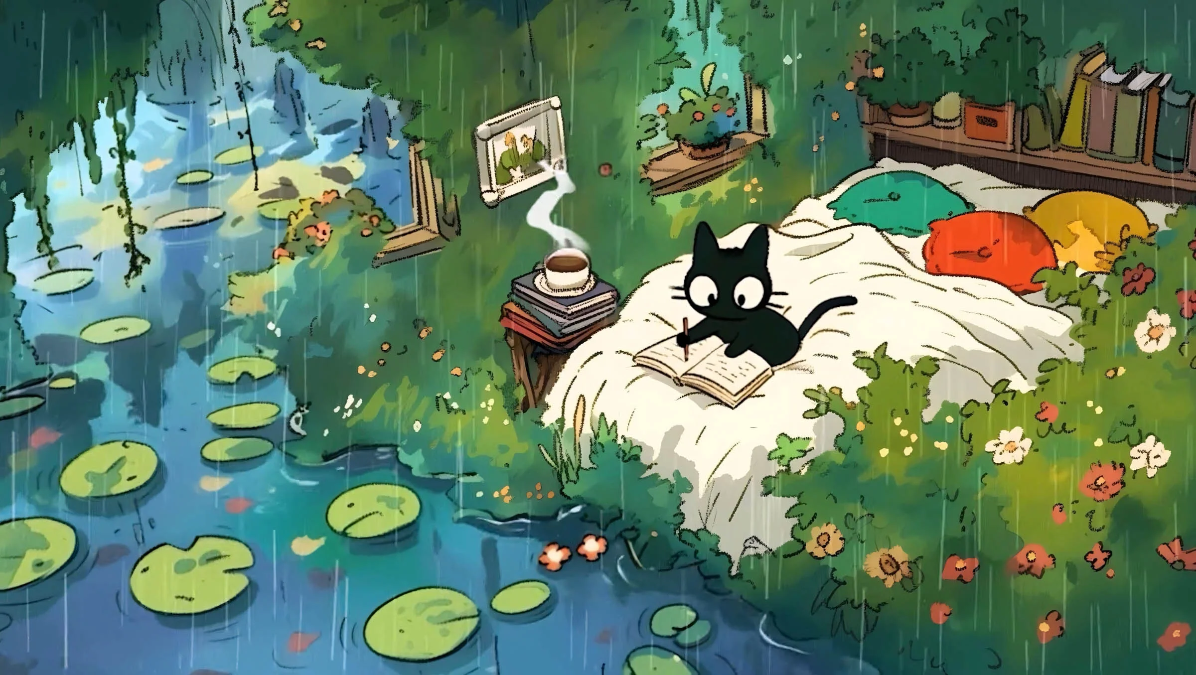 hình nền máy tính cute mèo đen nằm trên giường trong phòng vườn cây xanh