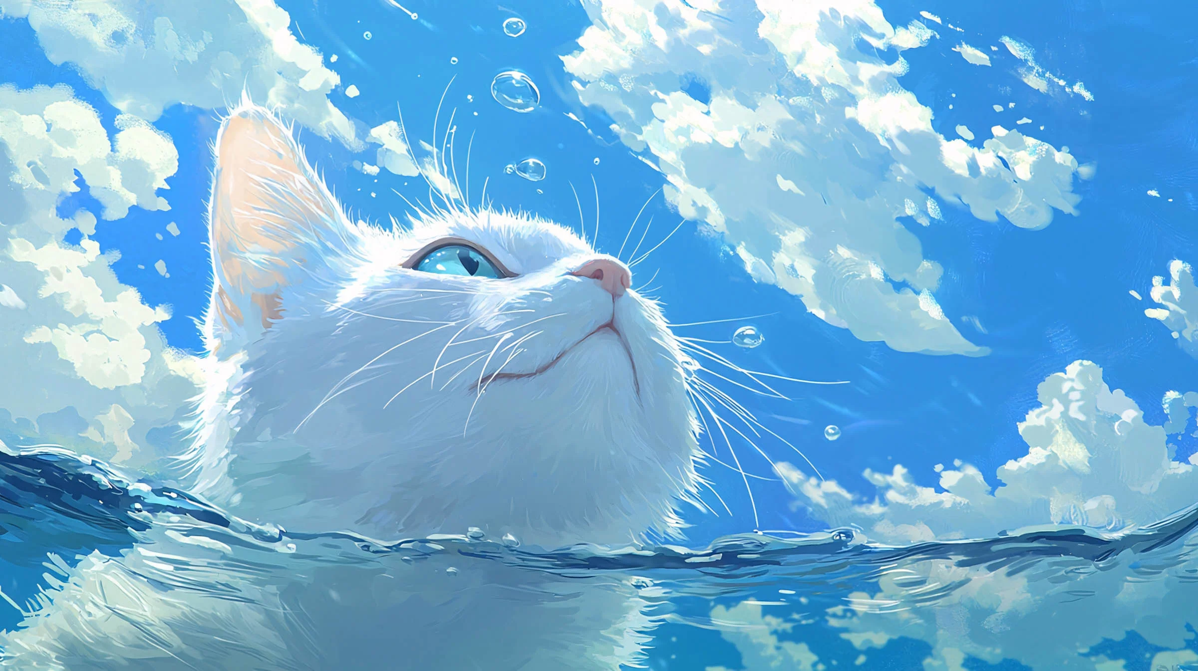 hình nền máy tính chill cute mèo trắng bơi lội dưới nước trong xanh với bong bóng
