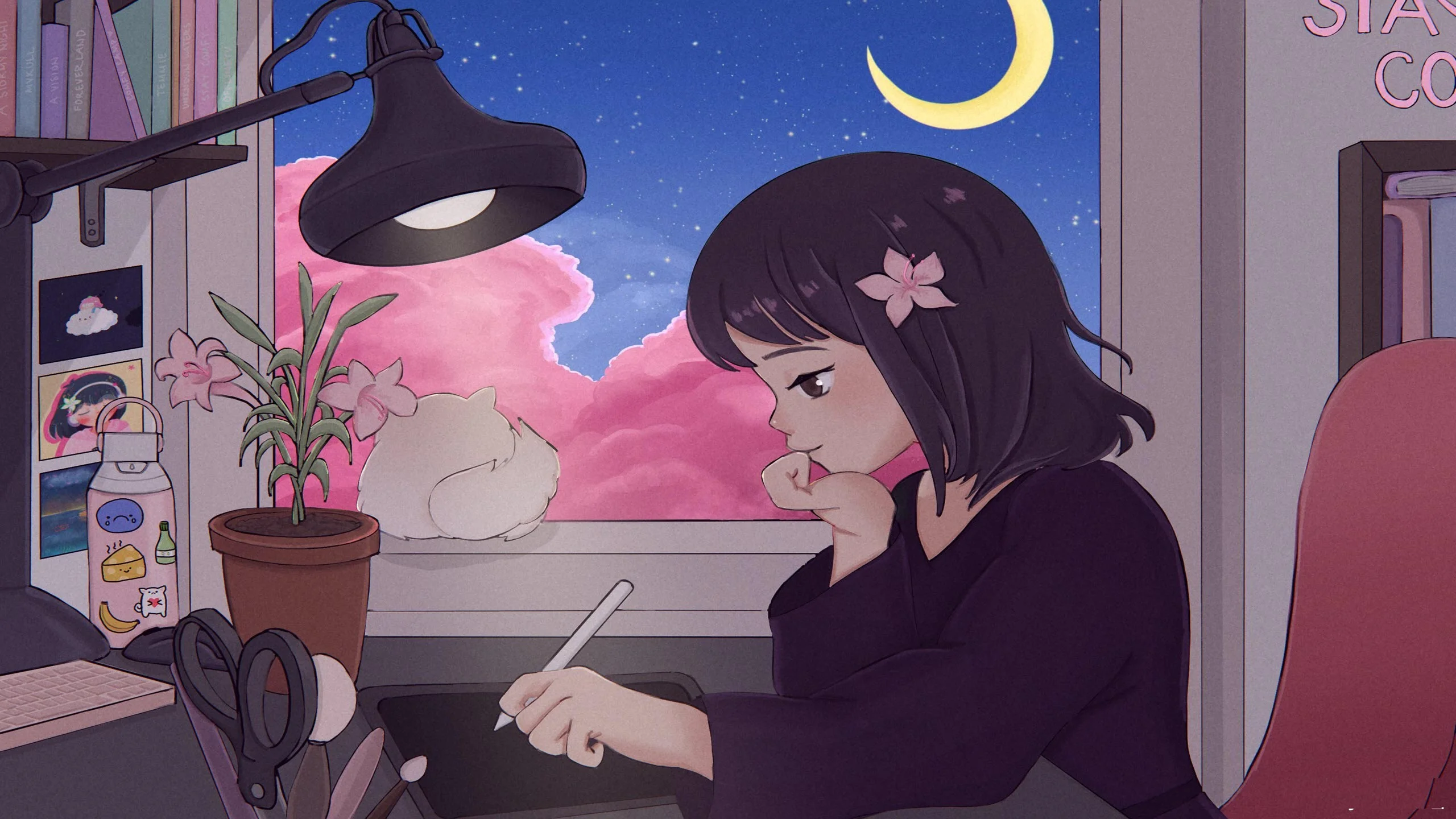 hình nền chill cute cô gái học bàn đêm dưới trăng lượn