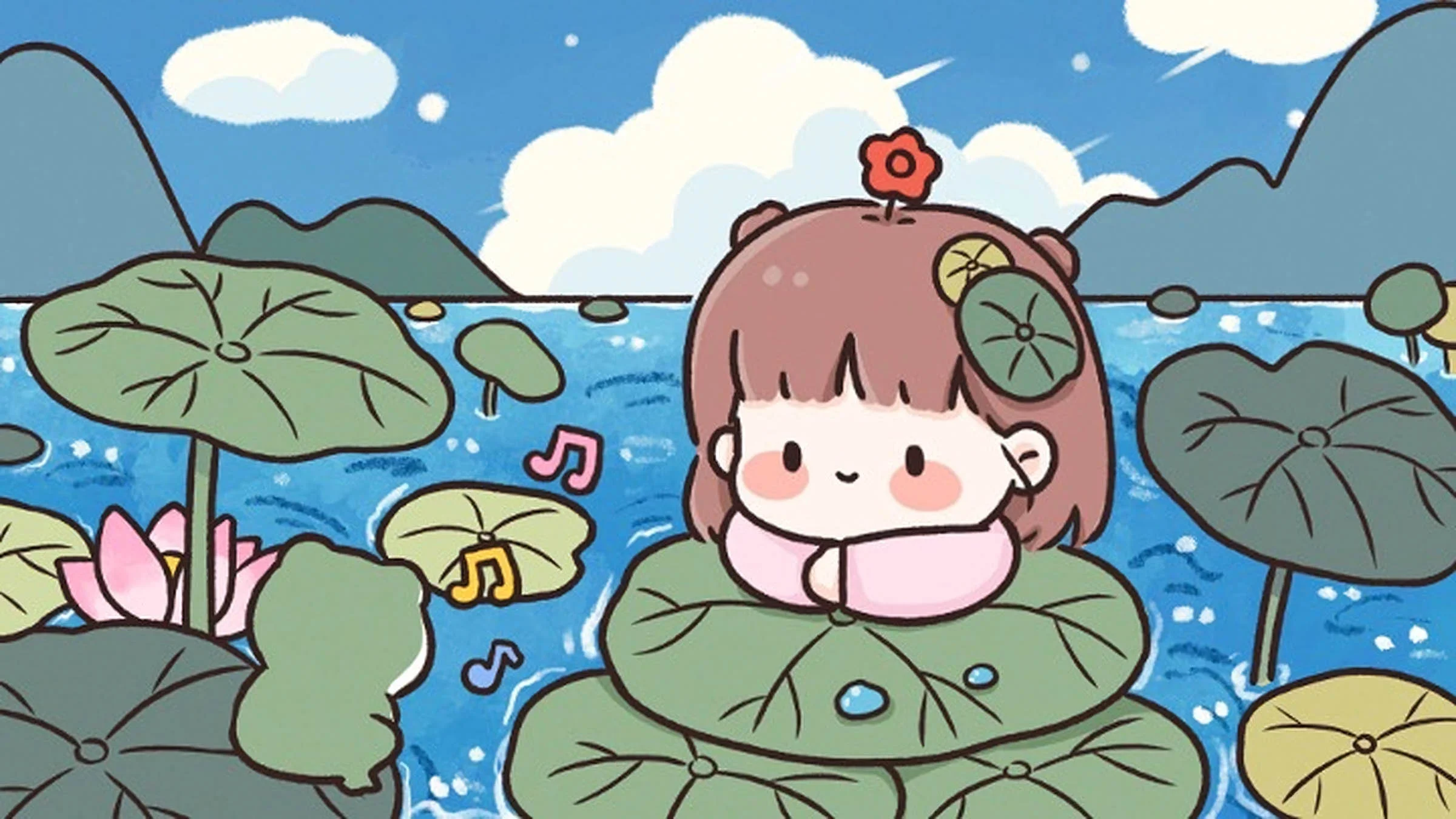 Hình nền máy tính chill cute hình cô bé chibi ngồi trên lá sen thư giãn