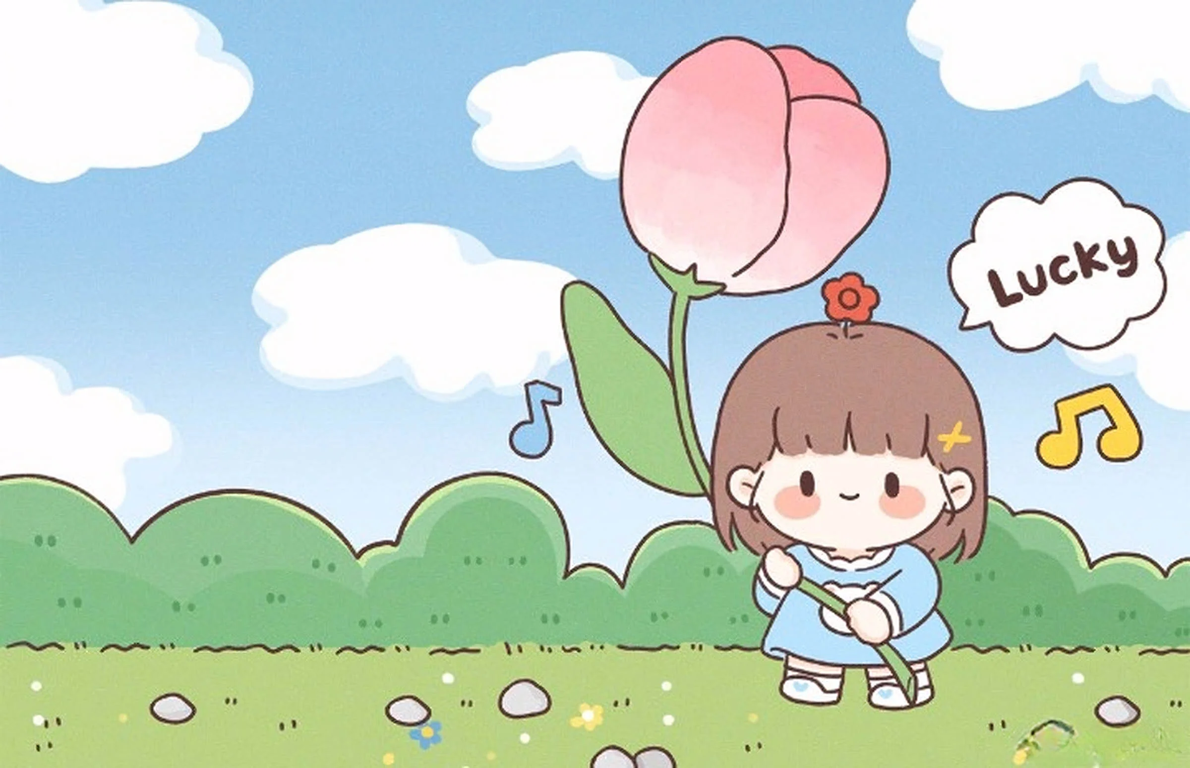 Hình nền máy tính chill cute cô bé cartoon ôm hoa tulip hồng trên nền trời xanh