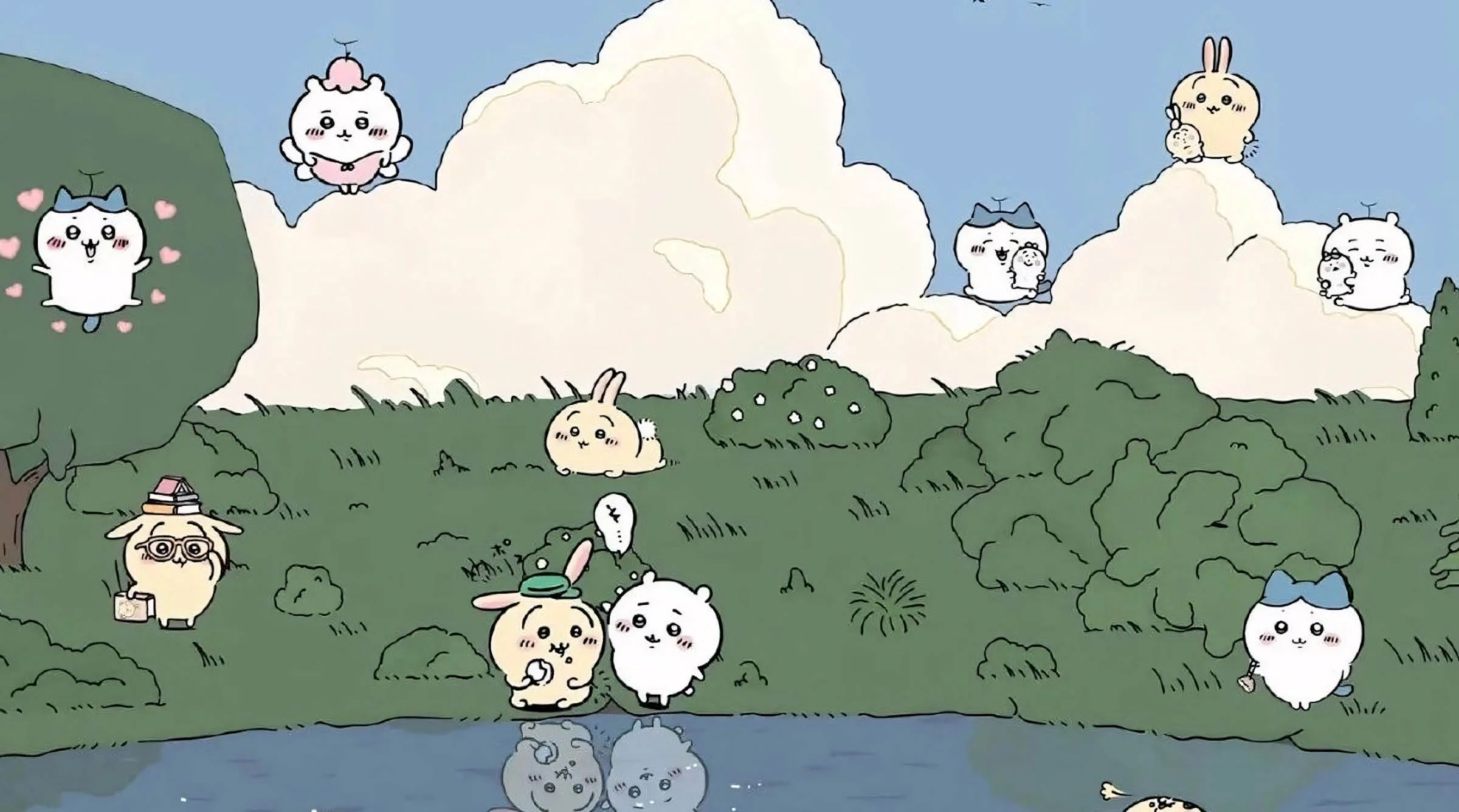 Các nhân vật hoạt hình vui đùa bên bờ hồ cute