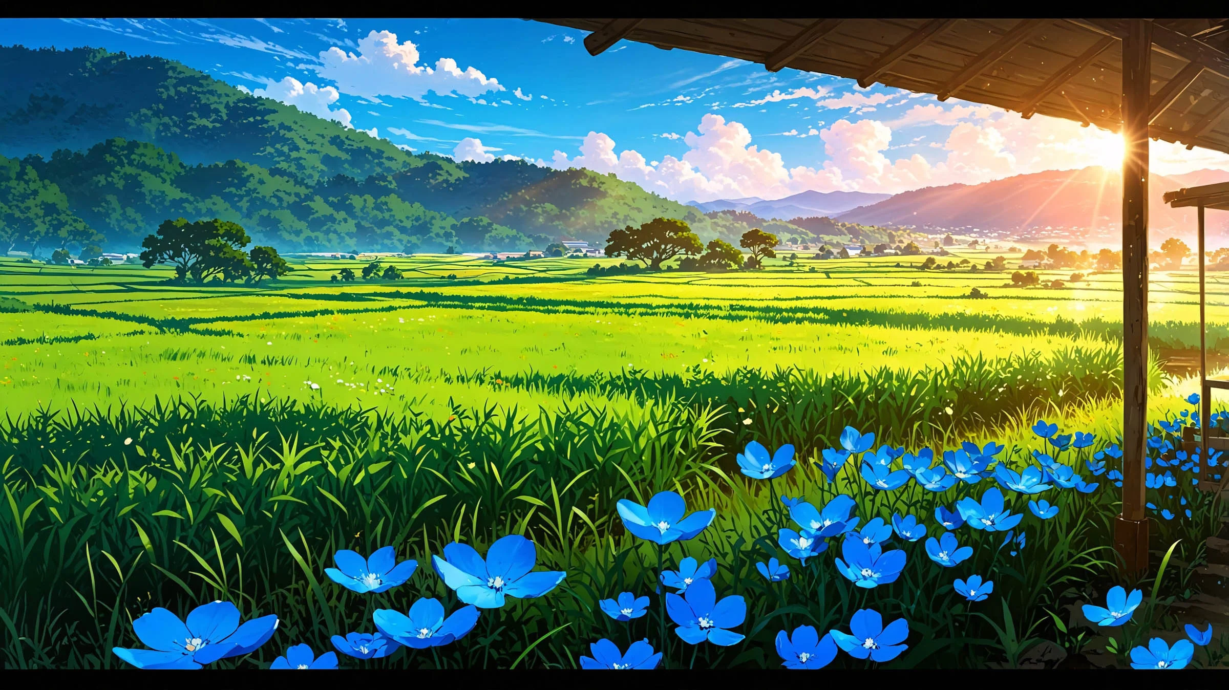 hình nền chill thửa ruộng bậc thang hoa xanh và hoàng hôn