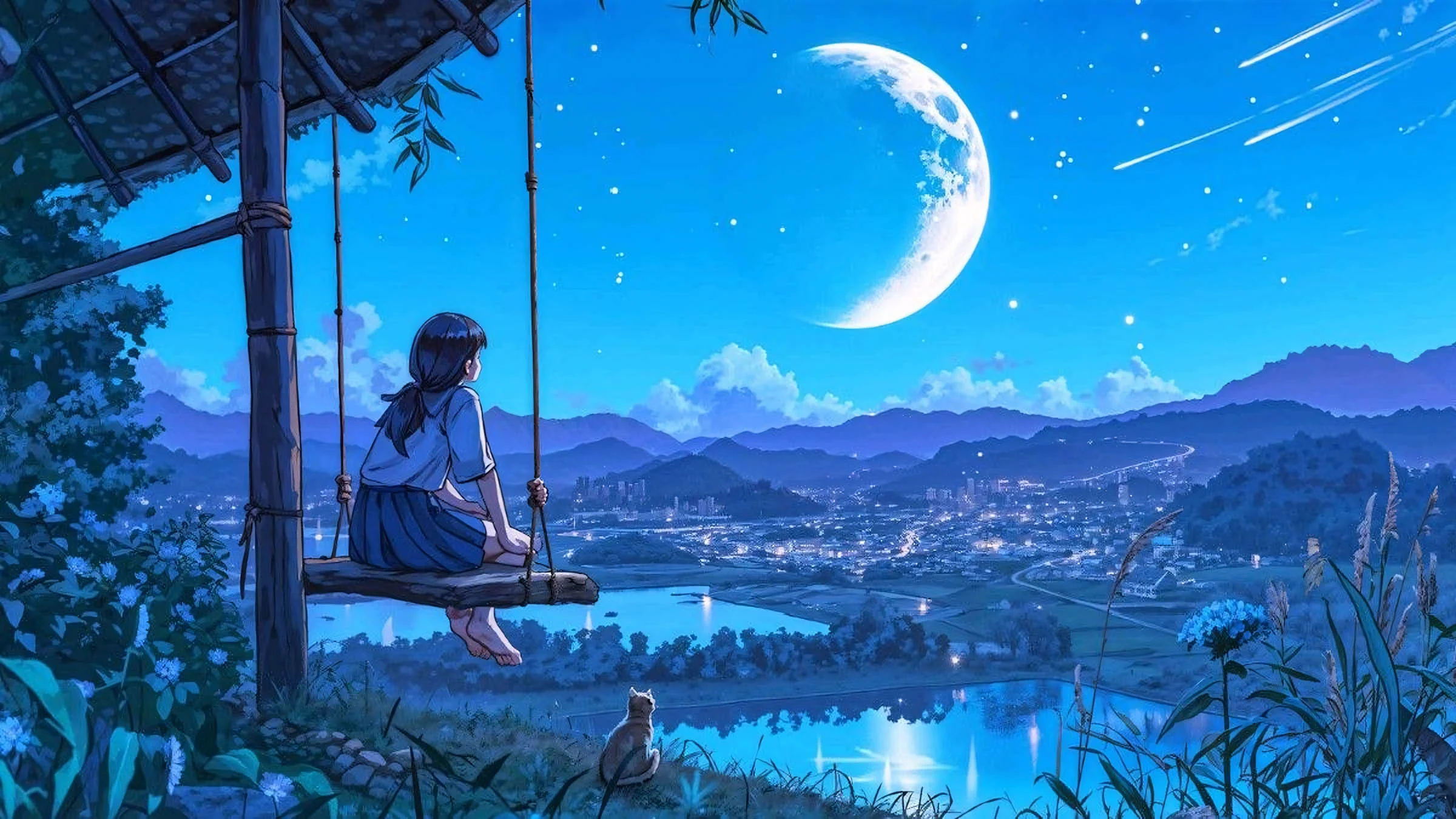 hình nền chill cute bé gái đu dưới trăng tròn đêm khuya hồ nước và núi rừng