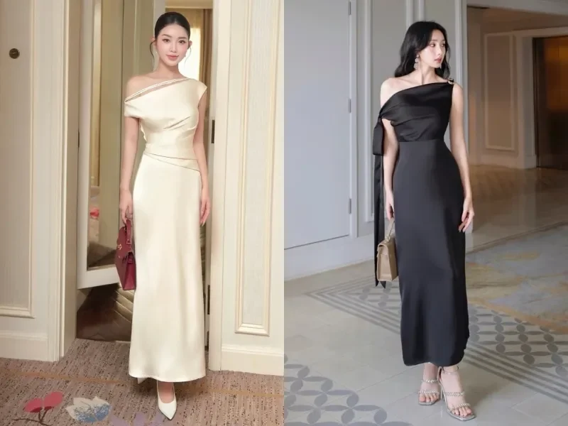 Đầm lụa lệch vai đơn giản, cuốn hút cho phái đẹp dự tiệc cưới