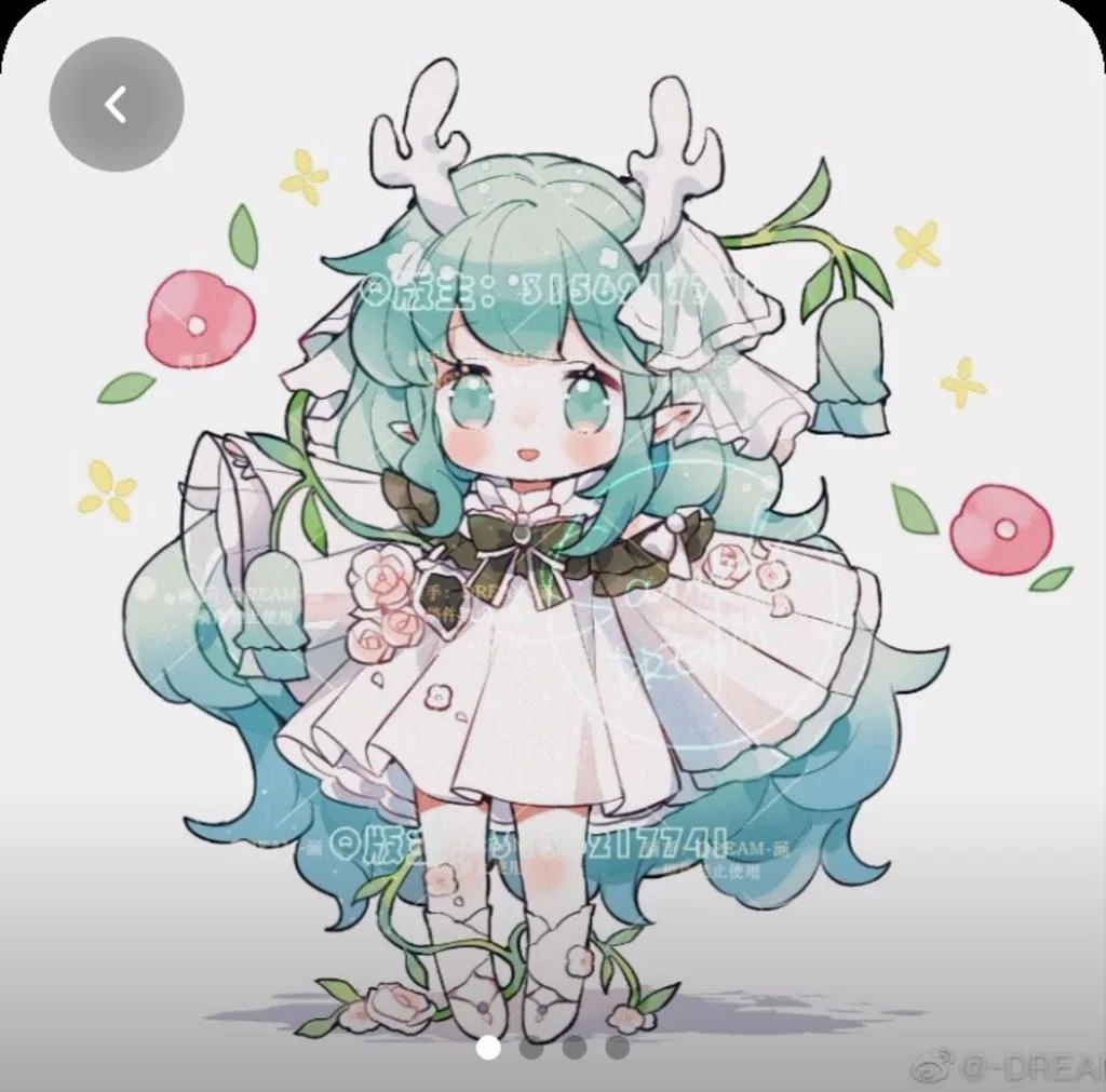 Vẽ tranh cute nhân vật chibi tiên nữ tóc xanh ngọc đội sừng nai trong váy trắng hoa lá