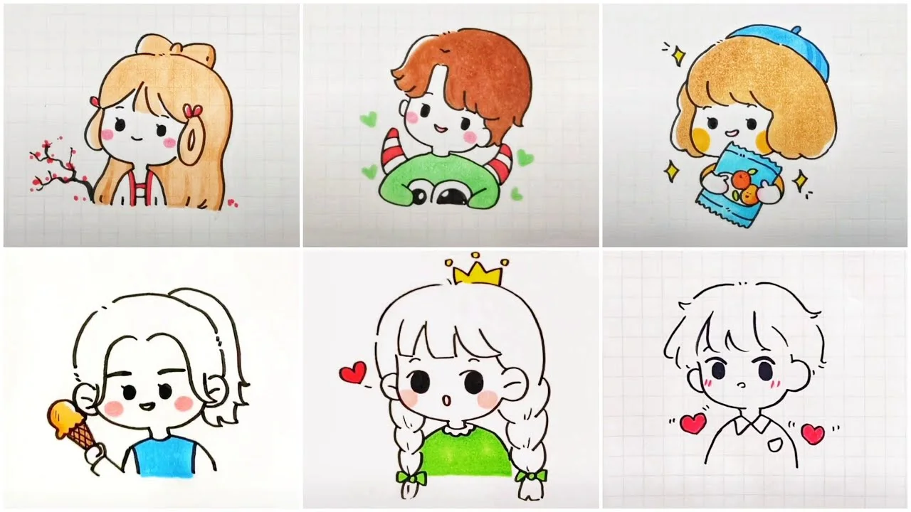 Bộ tranh chibi sáu nhân vật nhỏ với nhiều kiểu tóc và trang phục dễ thương