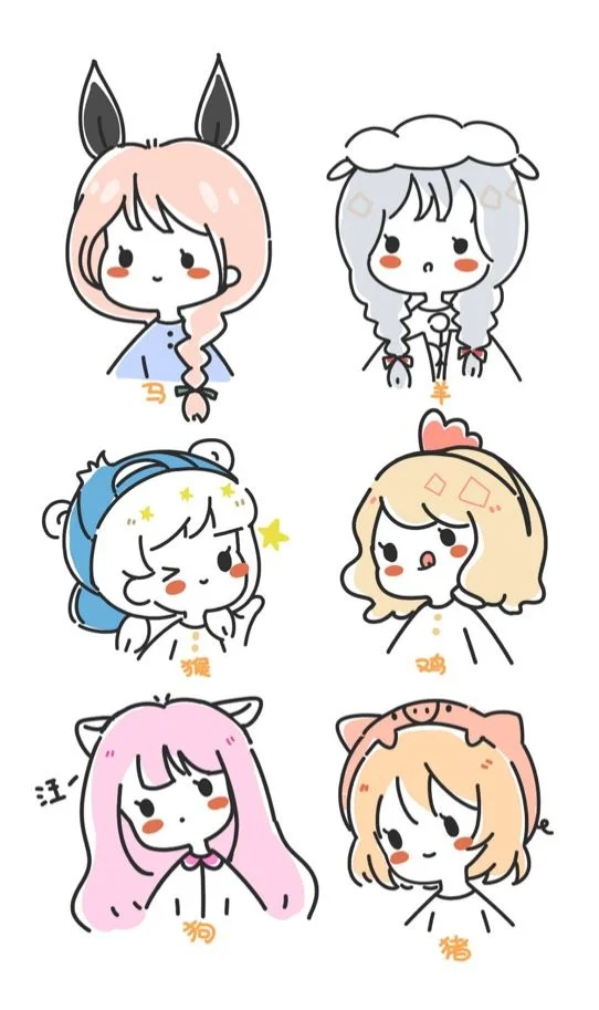 Bộ tranh doodle sáu cô bé chibi đội tai thú với biểu cảm ngộ nghĩnh