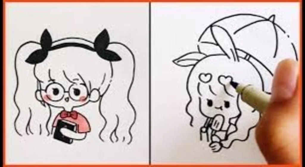 Tranh vẽ hai nhân vật chibi đáng yêu bằng nét đen trắng