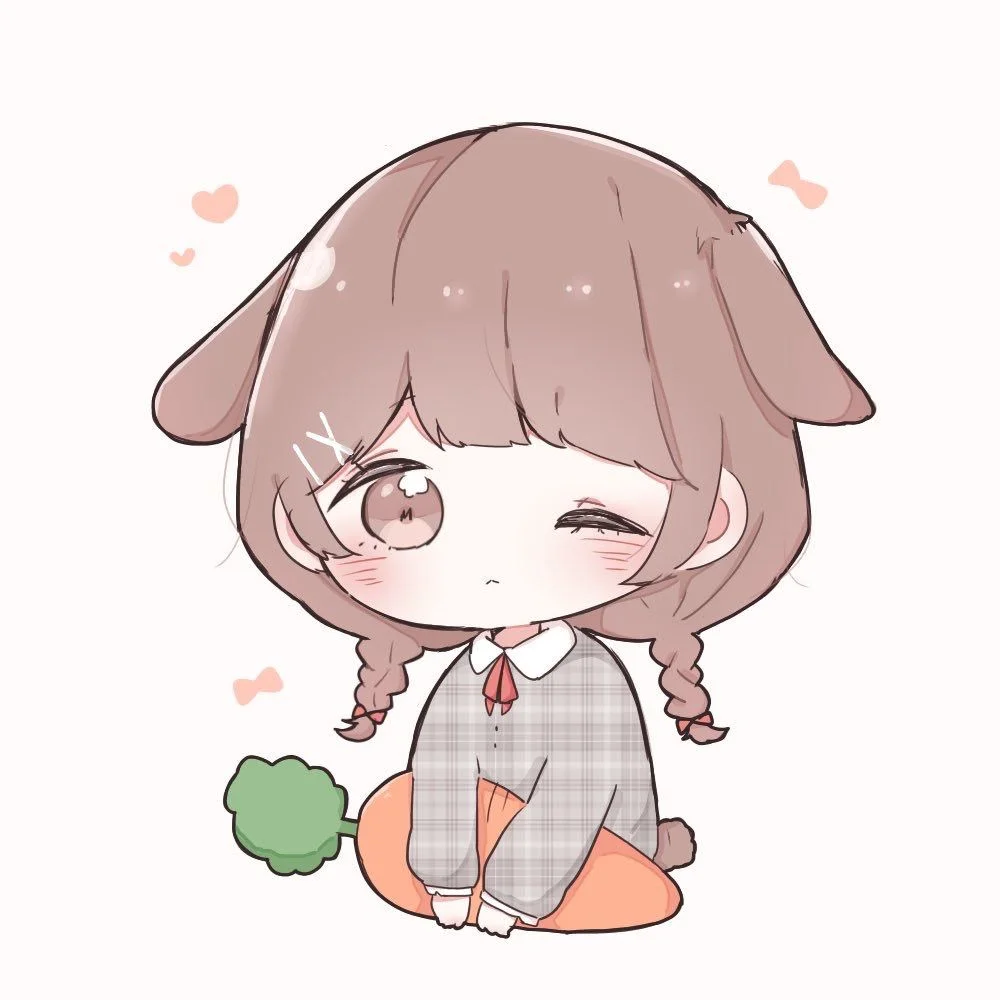 Vẽ tranh cute cô bé chibi tai cún mặc váy caro, ngồi ôm củ cà rốt trên nền pastel