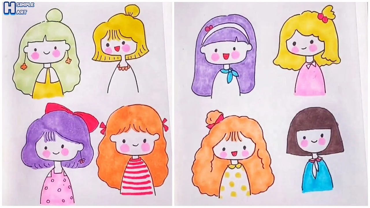 Bộ tranh vẽ các cô gái chibi nhiều kiểu tóc và váy áo đáng yêu