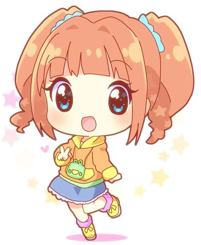 Tranh chibi cô bé tóc cam mặc váy nhiều màu, phong cách hoạt hình cute