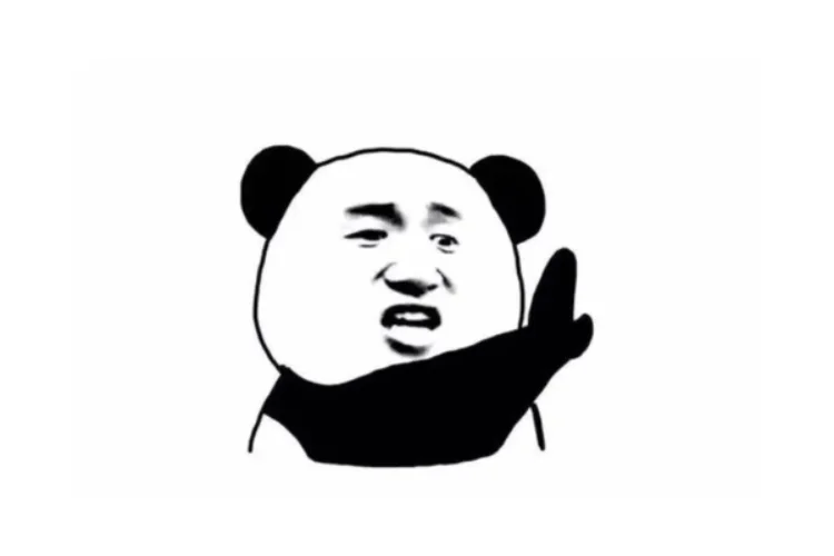 Meme gấu trúc đen trắng với khuôn mặt người hài hước đang giơ tay trên nền trắng