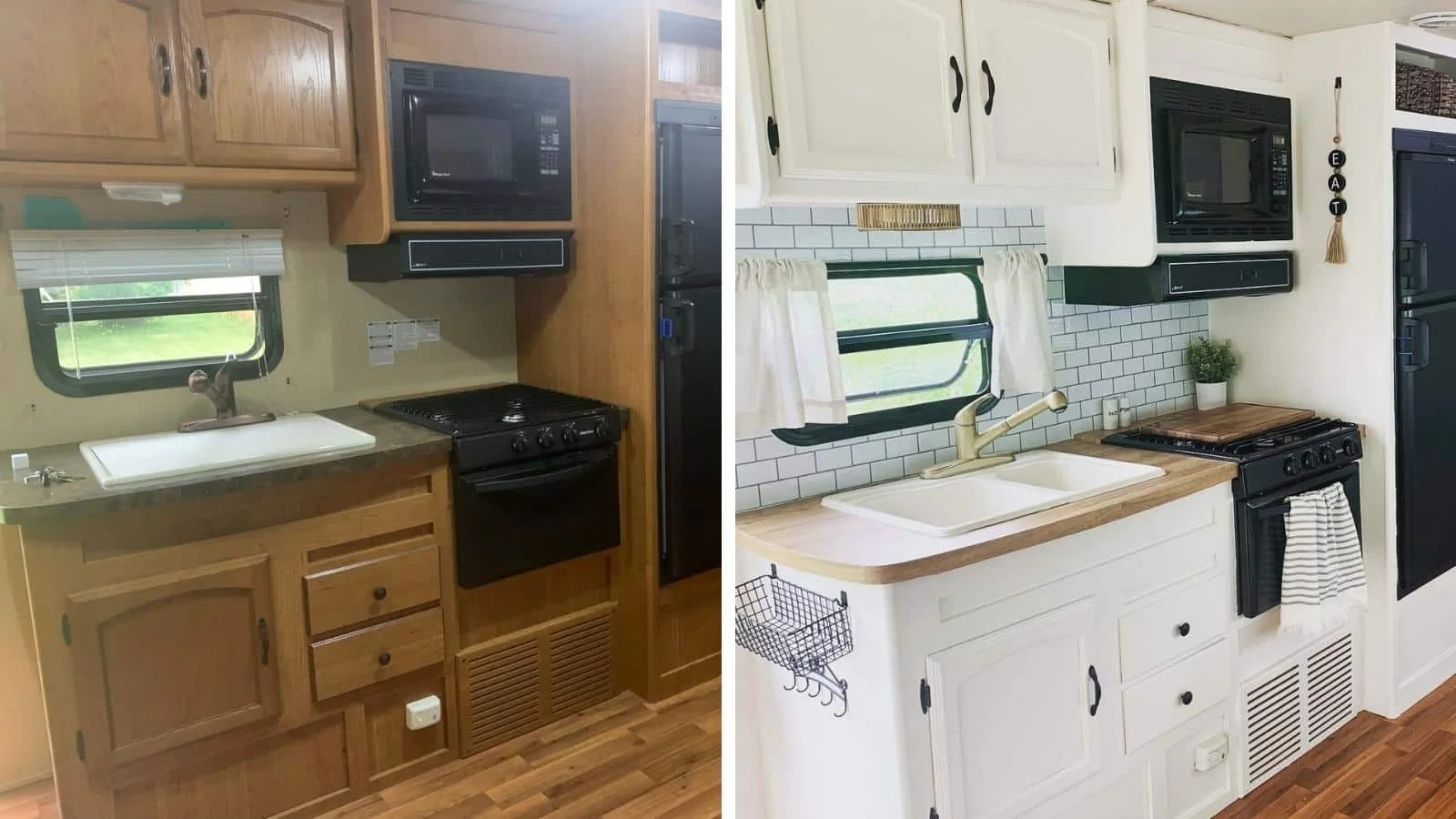 Nội thất xe kéo với khu bếp gỗ và bồn rửa