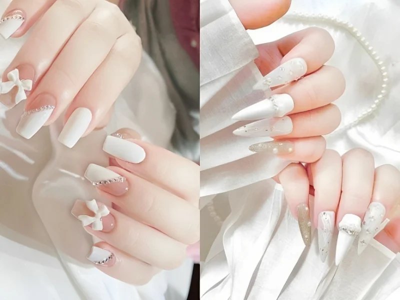 Nail trắng đính nơ