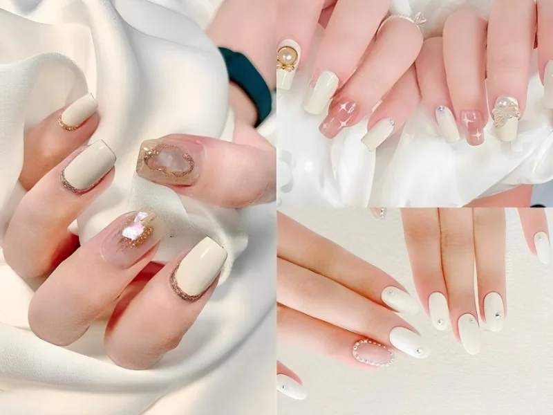 Nail màu trắng đính đá
