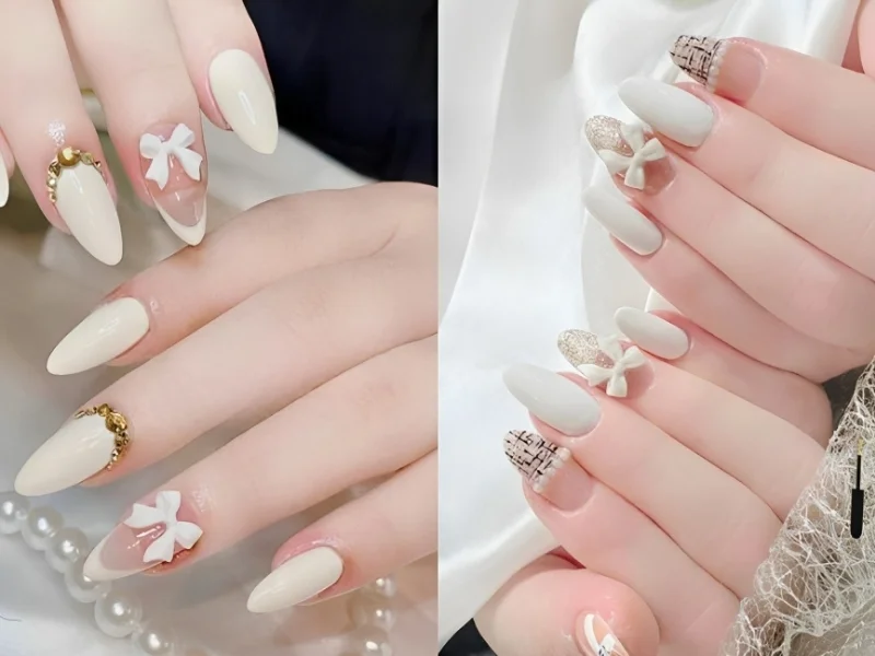 Nail trắng đính nơ (2)