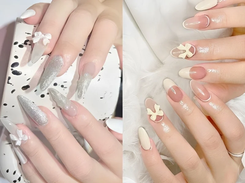 Nail trắng đính nơ (3)