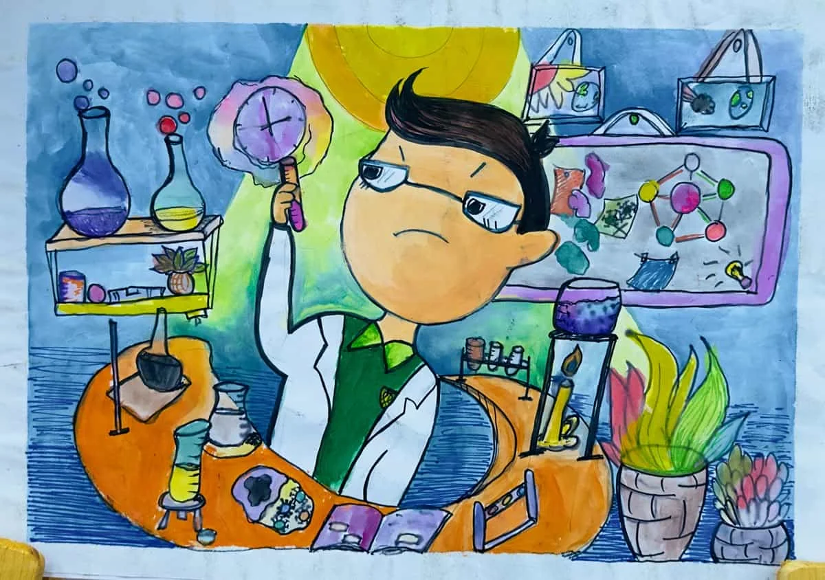 Tranh vẽ chủ đề nghề nghiệp tương lai của học sinh với hình ảnh nhà khoa học đang làm thí nghiệm
